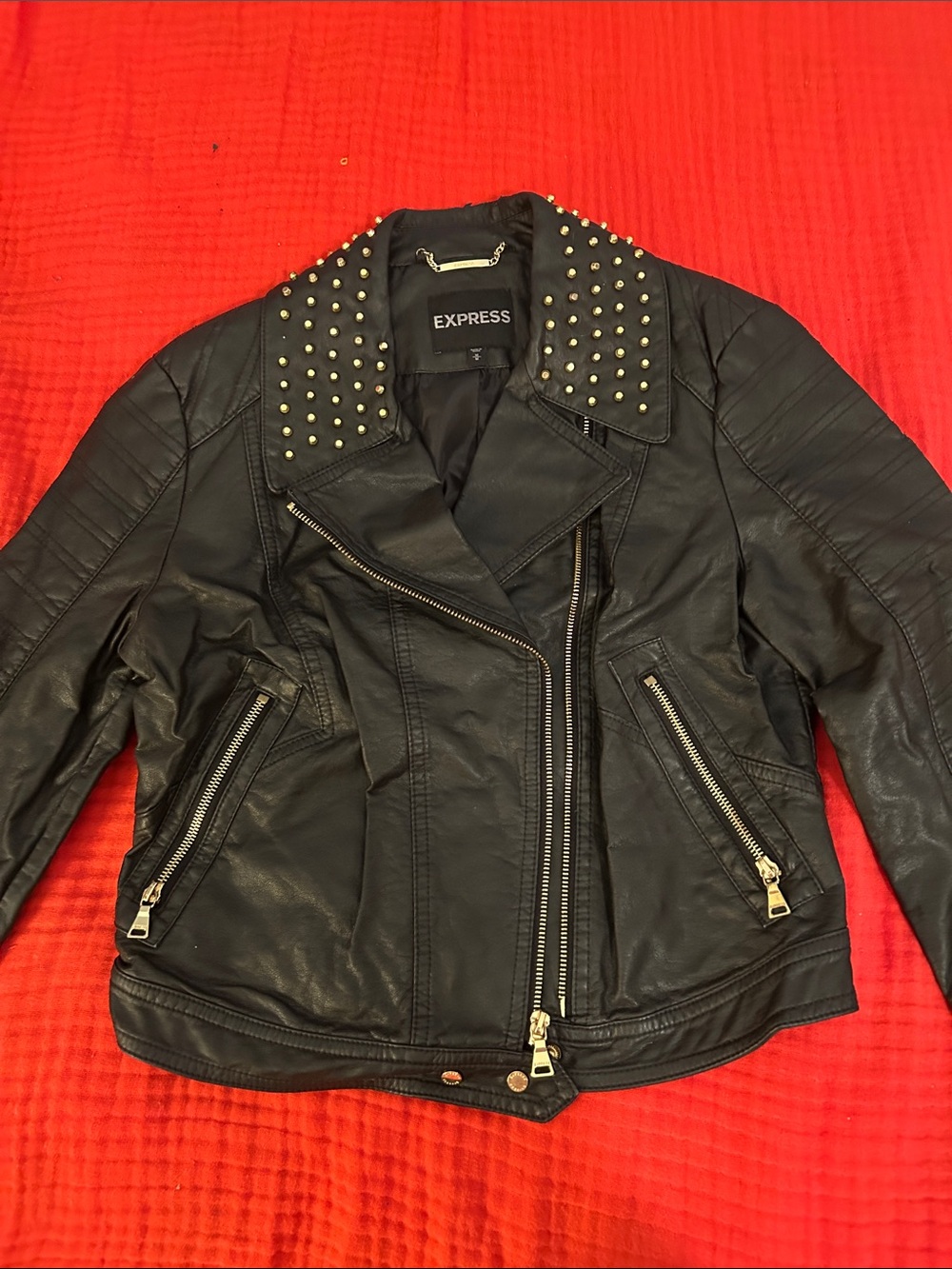 Express Black Faux-Leather Studded Moto Jacket with Gold Hardware